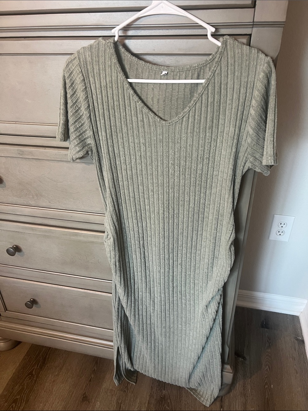 Maternity Ribbed V-Neck Midi Dress in Sage Green